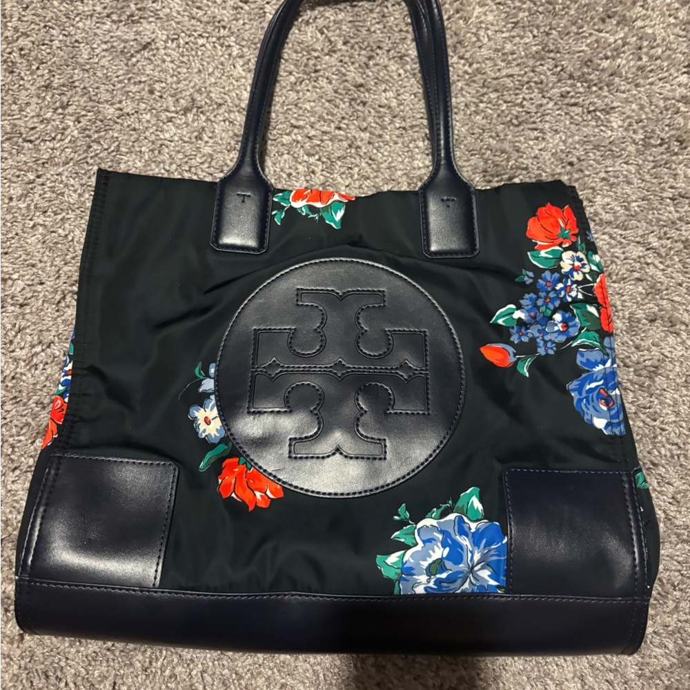 Tory Burch Black and Blue Tote Bag with Structured Design